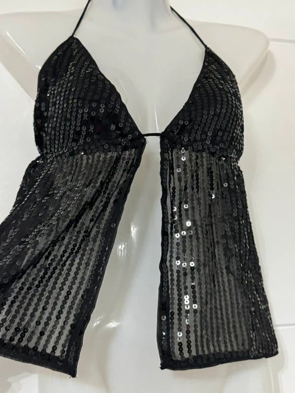 Bershka Black Embellished Open Front Halter Neck Top, Size M