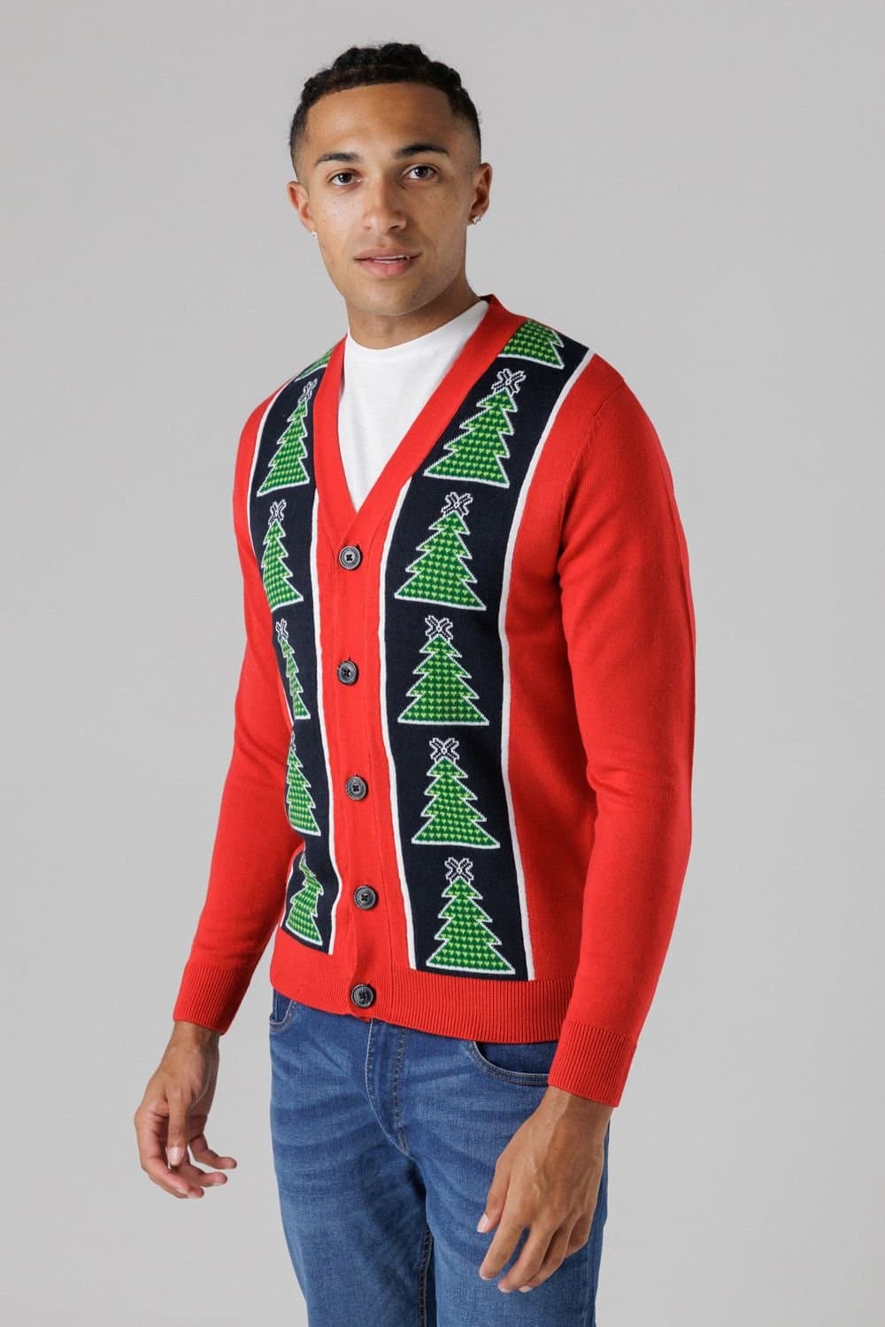 Tokyo Laundry Tokyo Laundry Men's Festive Jacquard V-Neck Cardigan in Red
