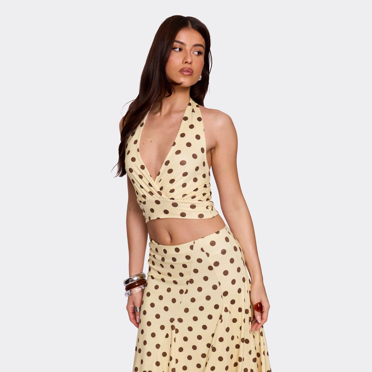 EGO Halterneck Plunge Front Crop Top In Lemon Polka Dot Print, Women's Size UK L - 1