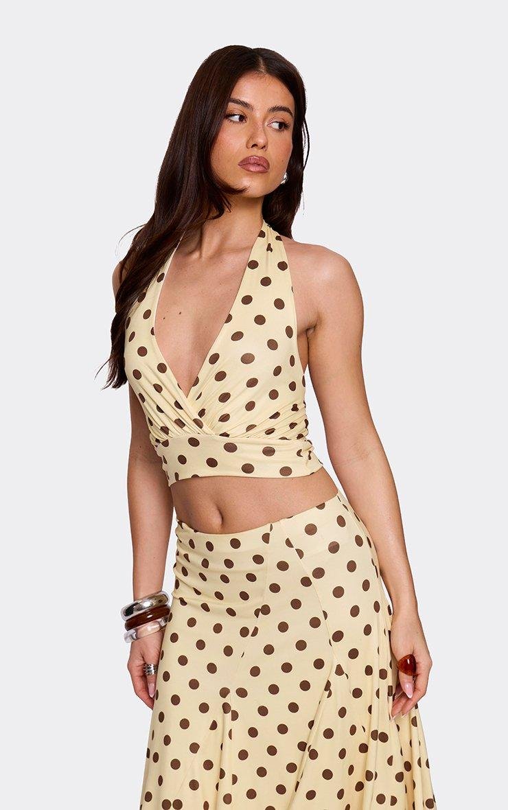 EGO Halterneck Plunge Front Crop Top In Lemon Polka Dot Print, Women's Size UK L - 2