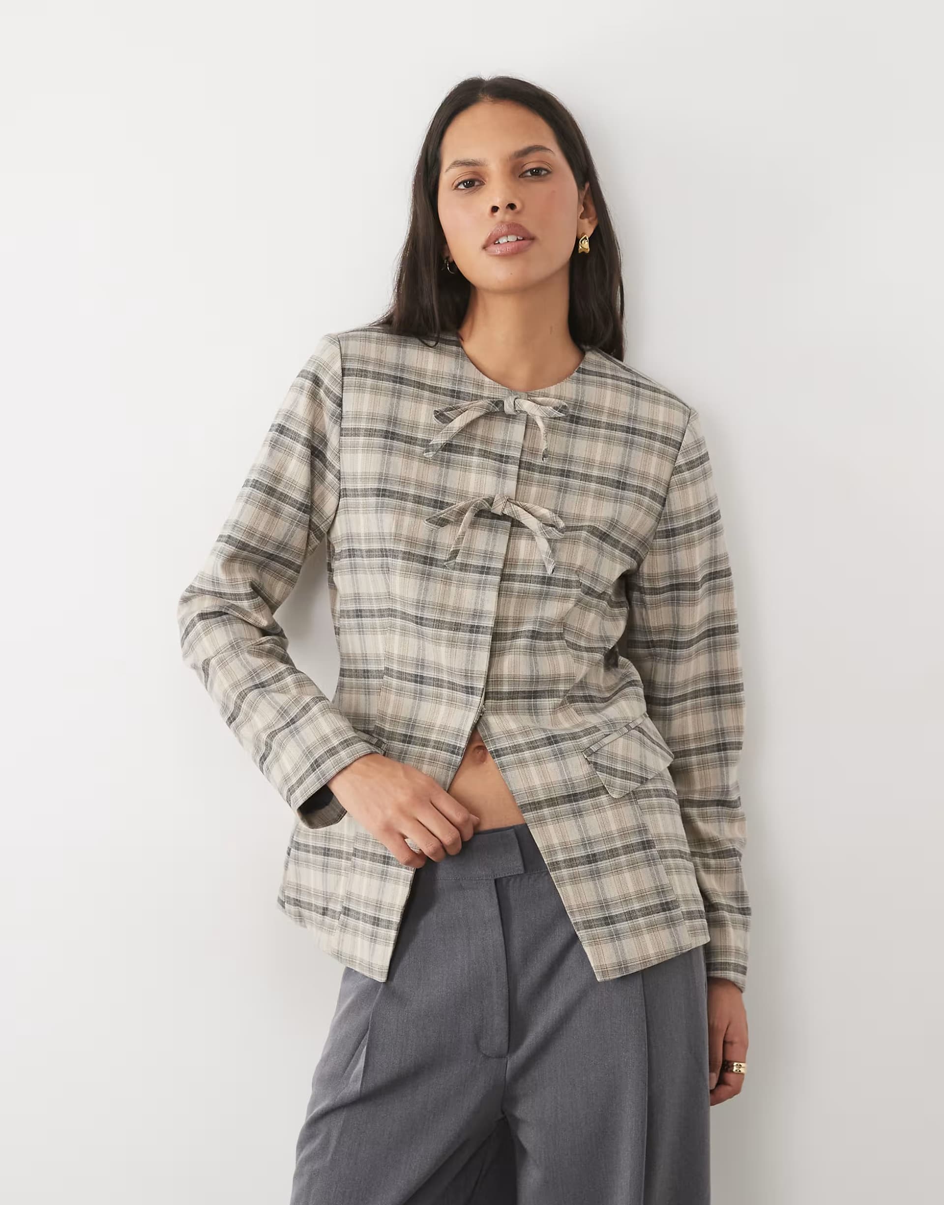 ASOS YAS cinched waist tailored blazer with bow details in dark grey check