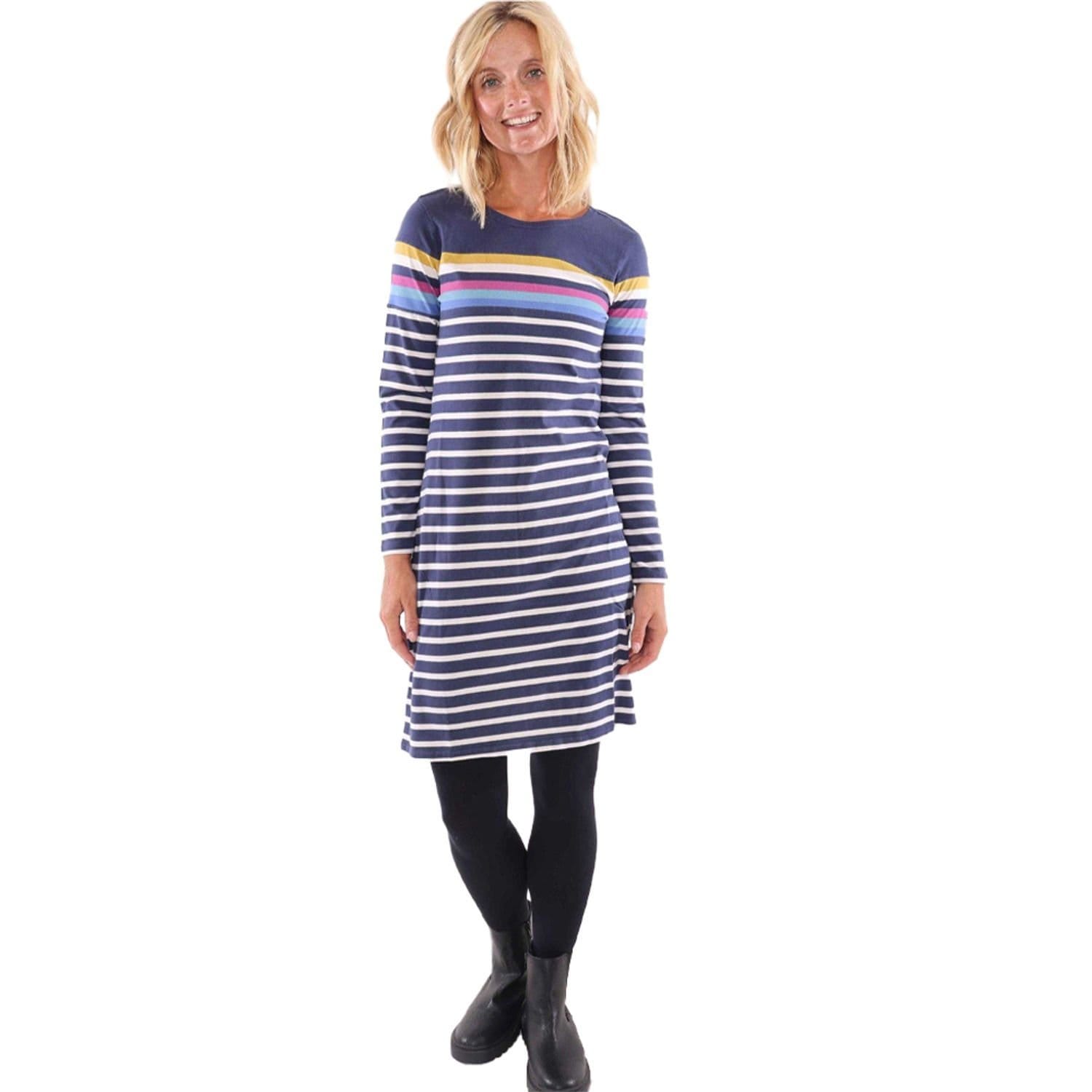 Lazy Jacks Lazy Jacks Women's Prism Stripes Long-Sleeved T-Shirt Dress in Navy - 4
