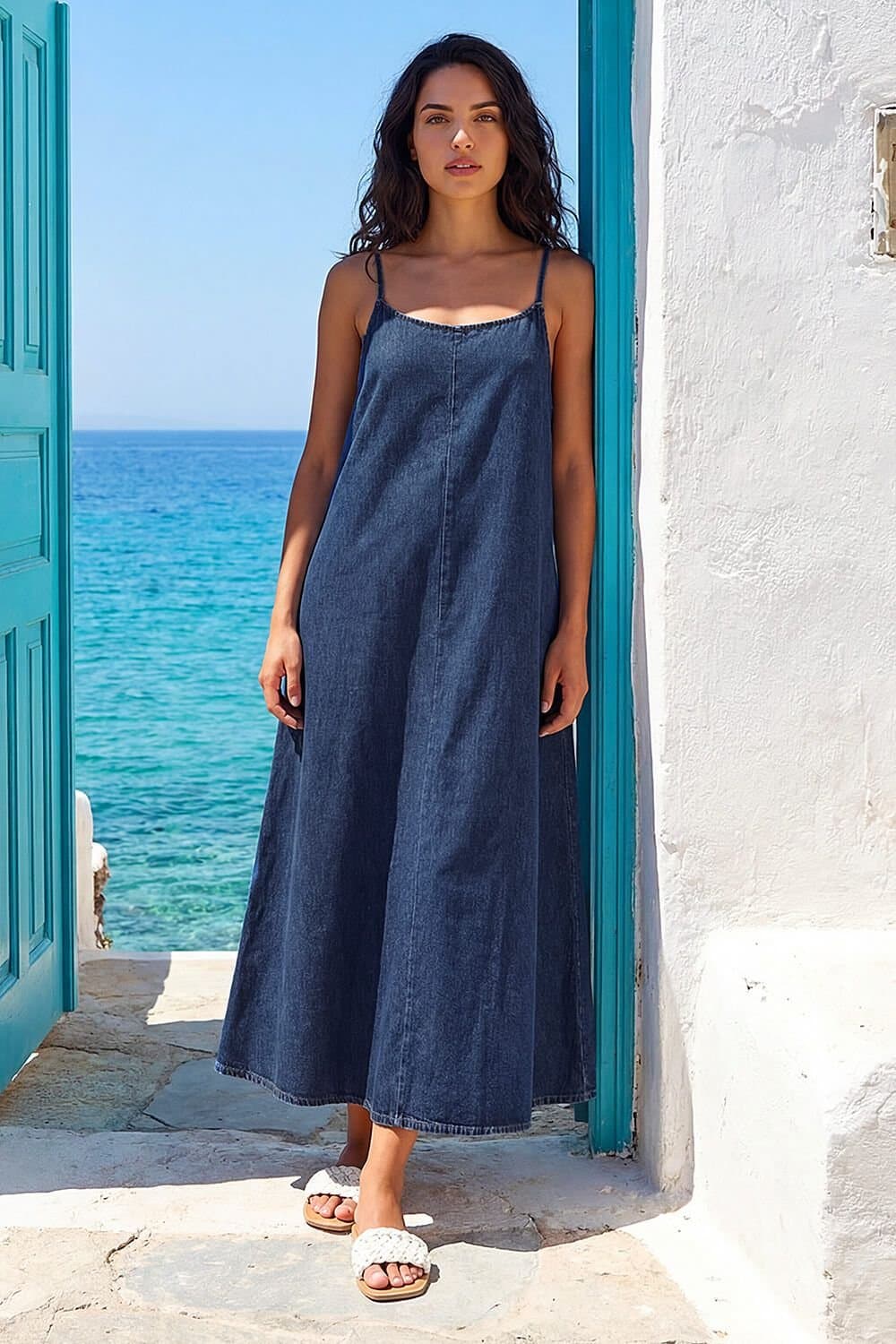 Dusk Dusk Women's Strappy A-Line Maxi Dress in Mid Blue