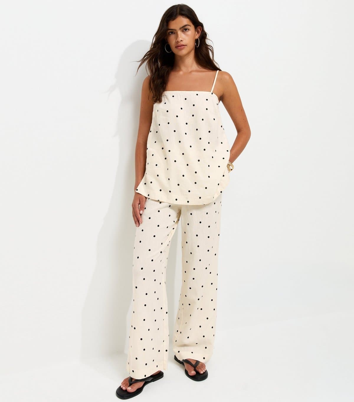 New Look Women's White Linen Rich Spot Print Wide Leg Trousers New Look