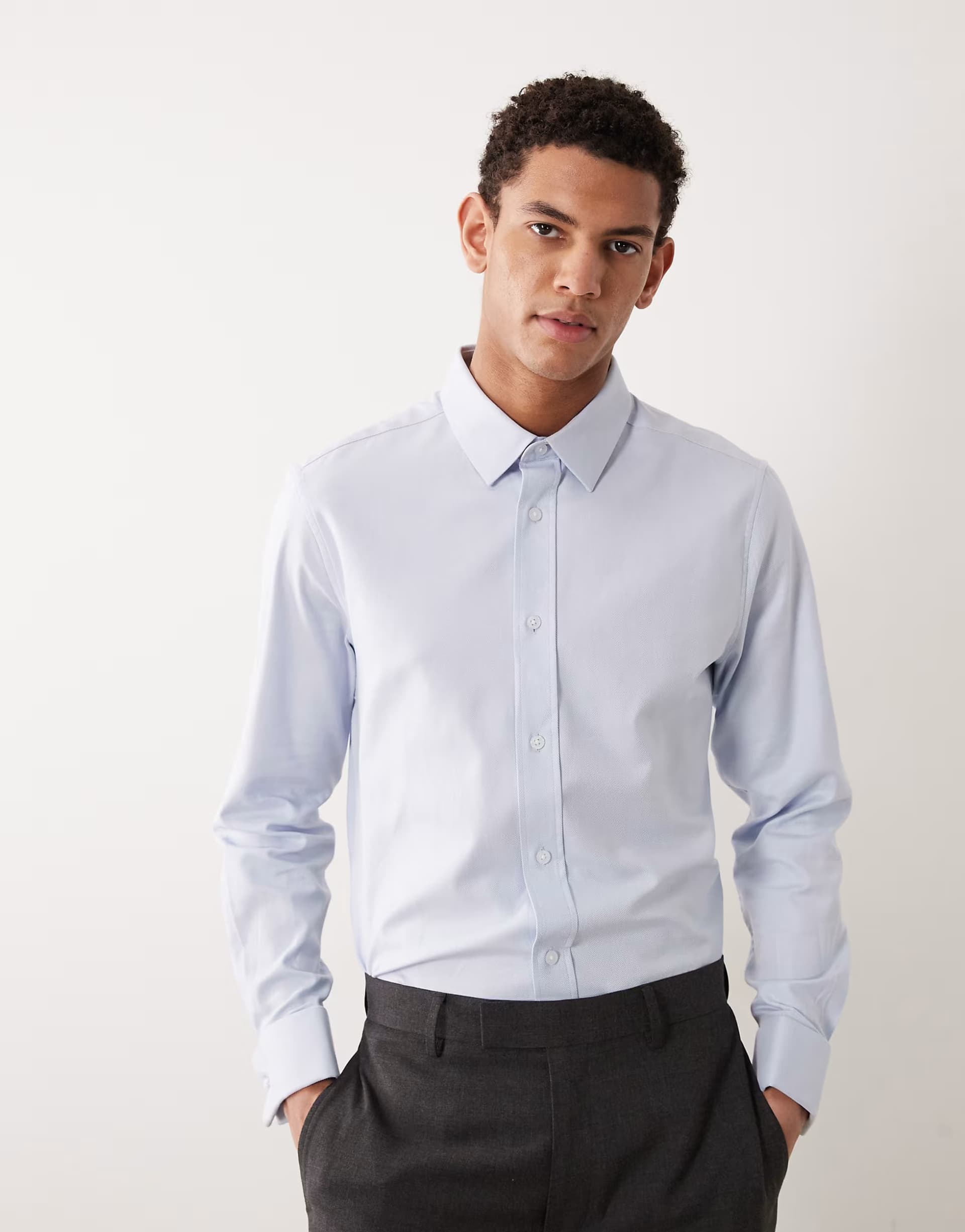 ASOS ASOS DESIGN smart slim textured shirt with double cuff in light blue