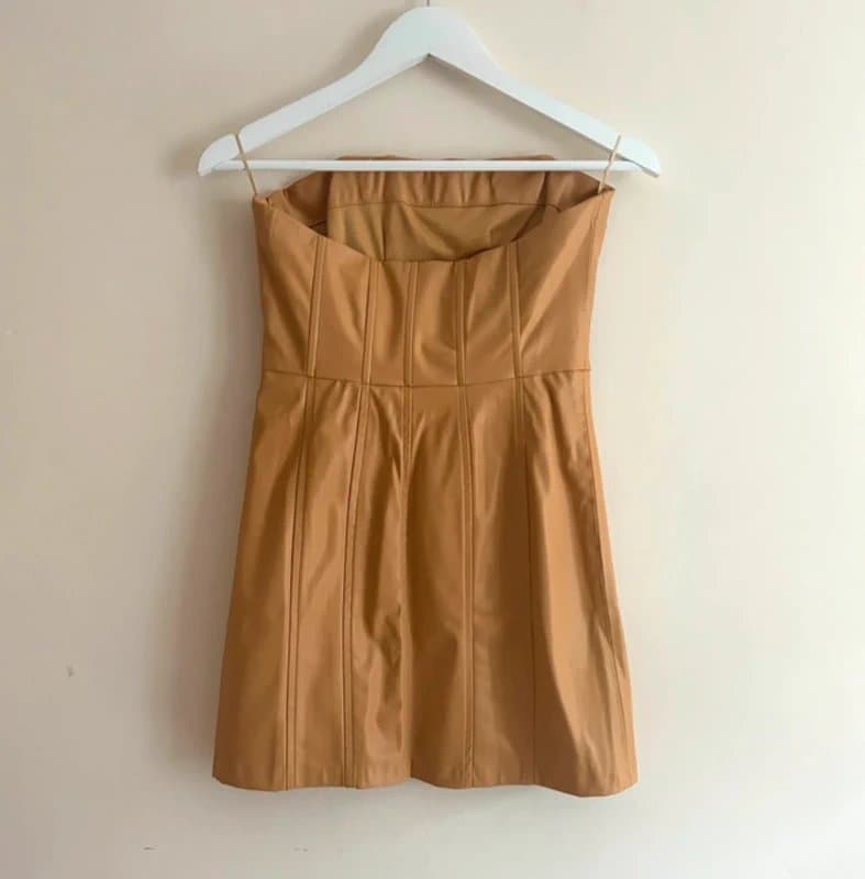 Zara 🤎 Zara Camel Faux Leather Bandeau Mini Dress Strapless Bodycon Corset Style Size S🤎