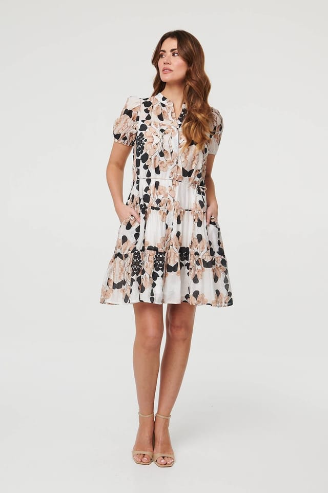 Izabel London Izabel London Women's Abstract Tiered Tie Waist Short Dress in Beige - 2
