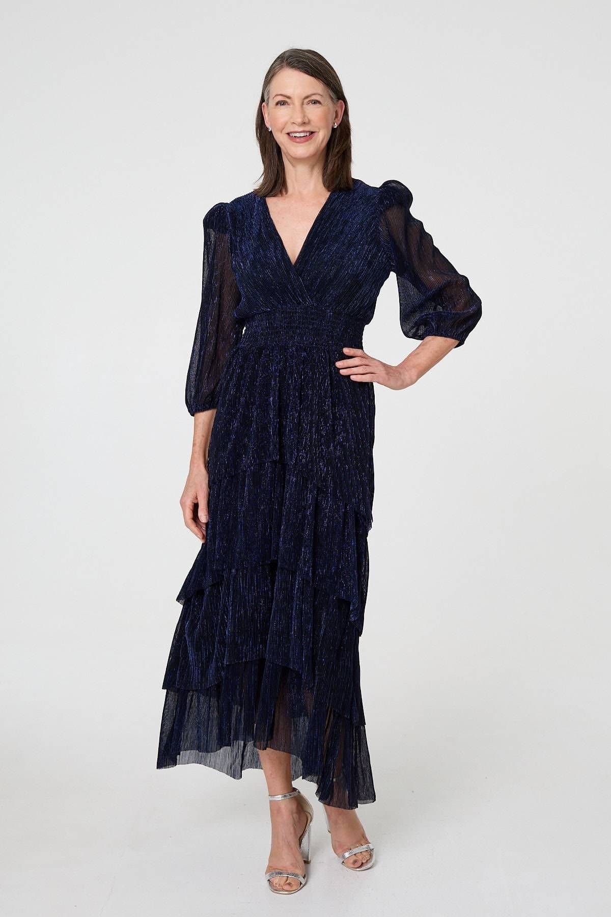 Izabel London Izabel London Women's Sparkly Semi Sheer Texture Maxi Dress in Navy