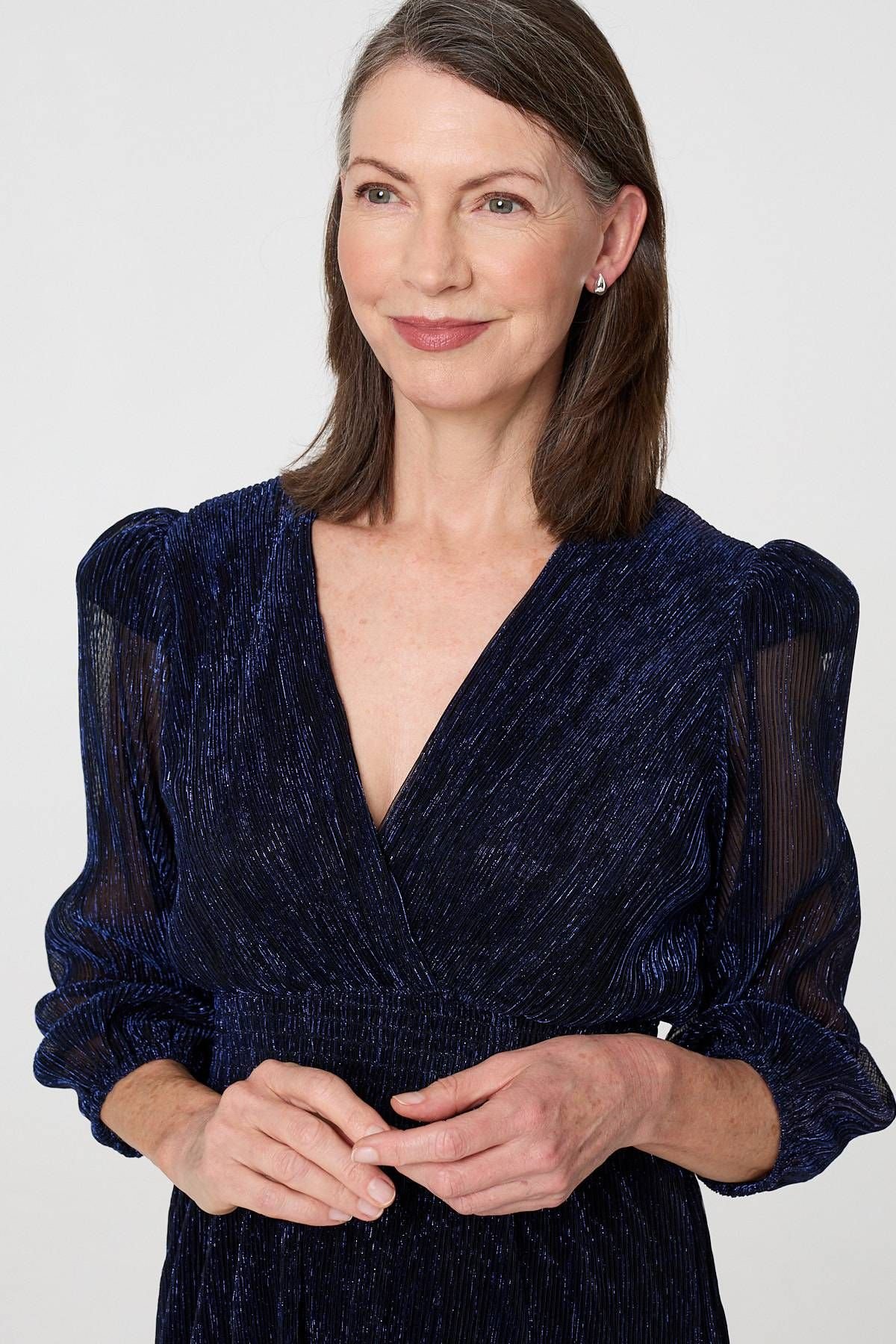 Izabel London Izabel London Women's Sparkly Semi Sheer Texture Maxi Dress in Navy - 2