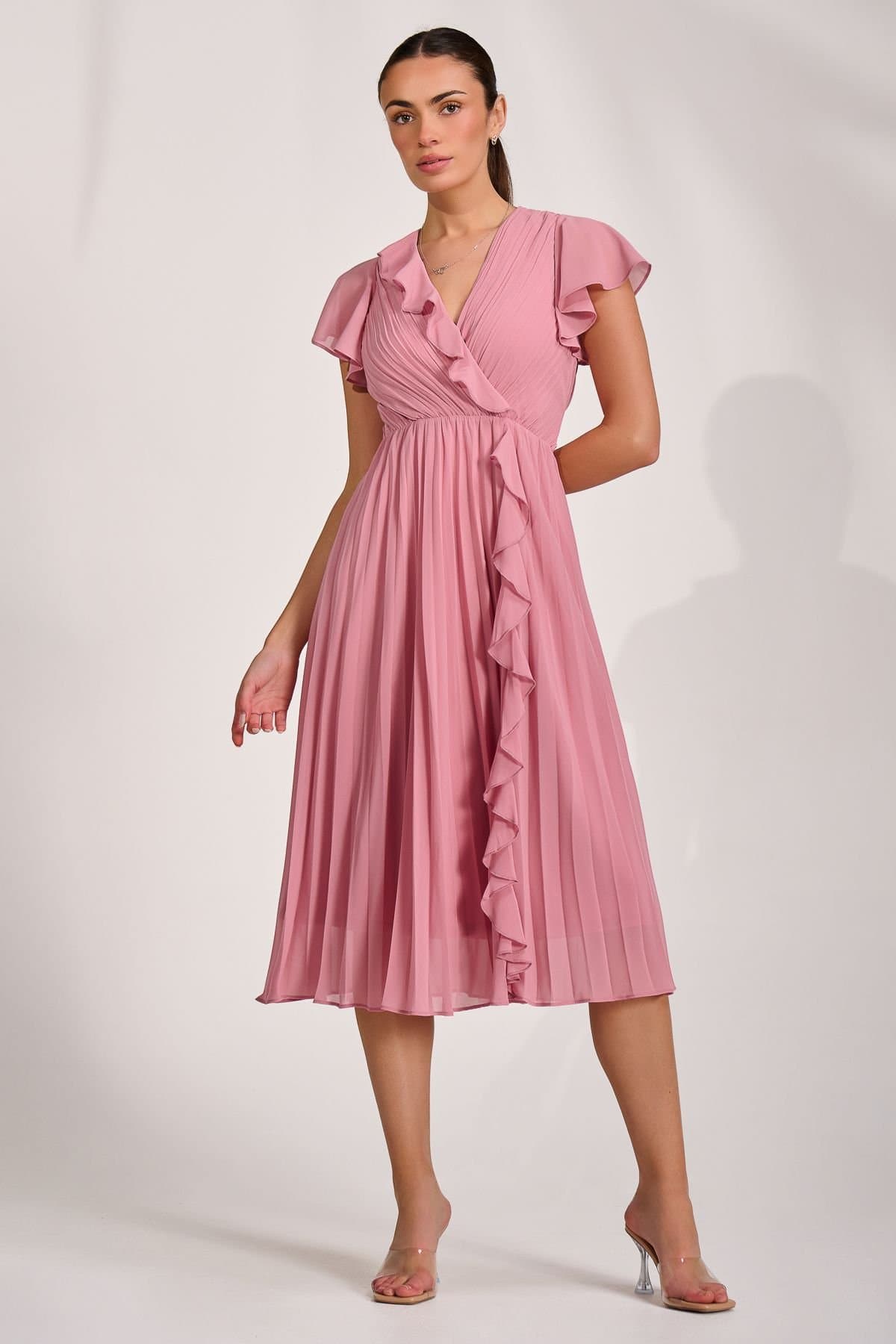 Jolie Moi Jolie Moi Women's Ruffle Pleated Chiffon Midi Dress in Dusty Pink