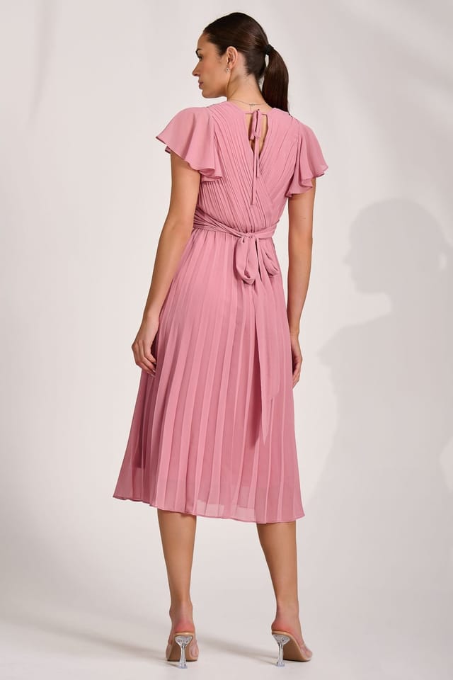 Jolie Moi Jolie Moi Women's Ruffle Pleated Chiffon Midi Dress in Dusty Pink - 2