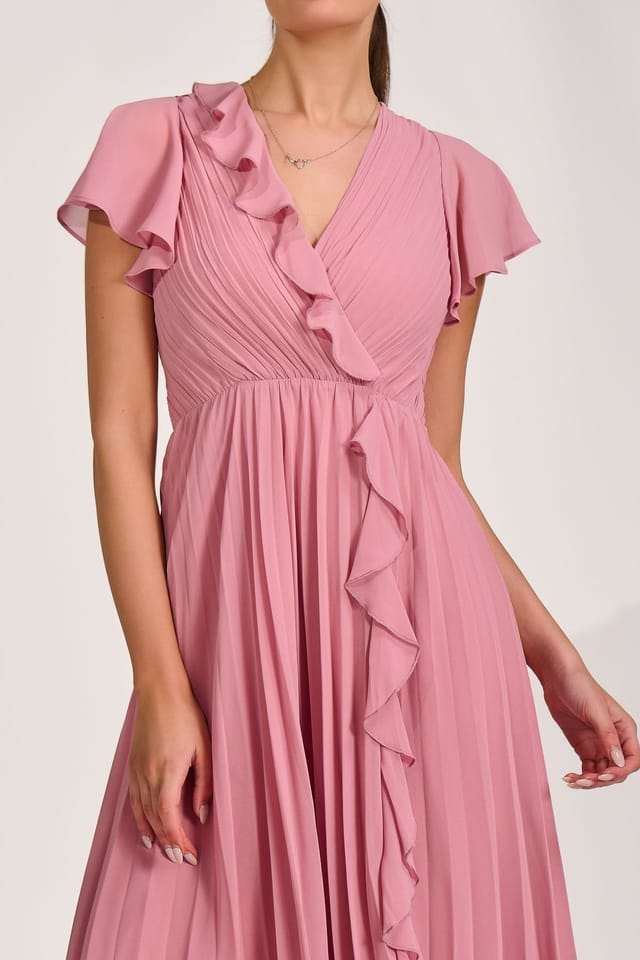 Jolie Moi Jolie Moi Women's Ruffle Pleated Chiffon Midi Dress in Dusty Pink - 3