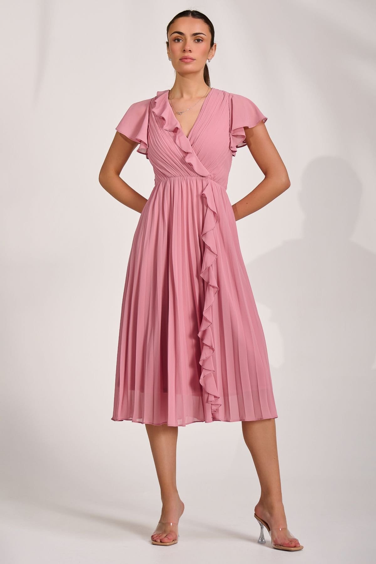 Jolie Moi Jolie Moi Women's Ruffle Pleated Chiffon Midi Dress in Dusty Pink - 4
