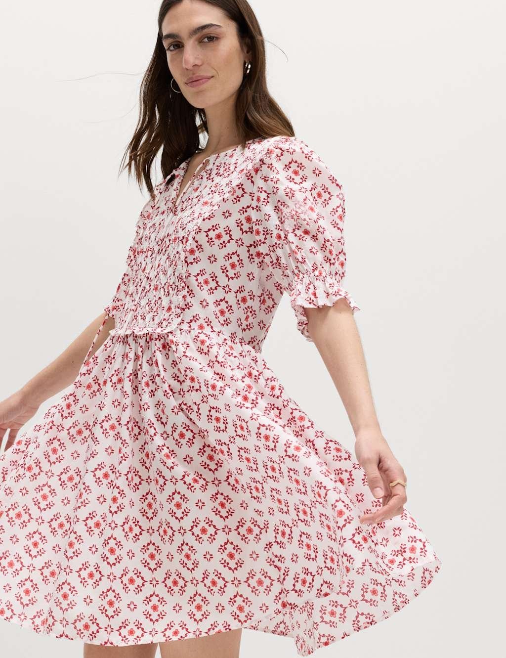 Marks & Spencer M&S Cotton Rich Printed Mini Waisted Dress Pink Mix - 1