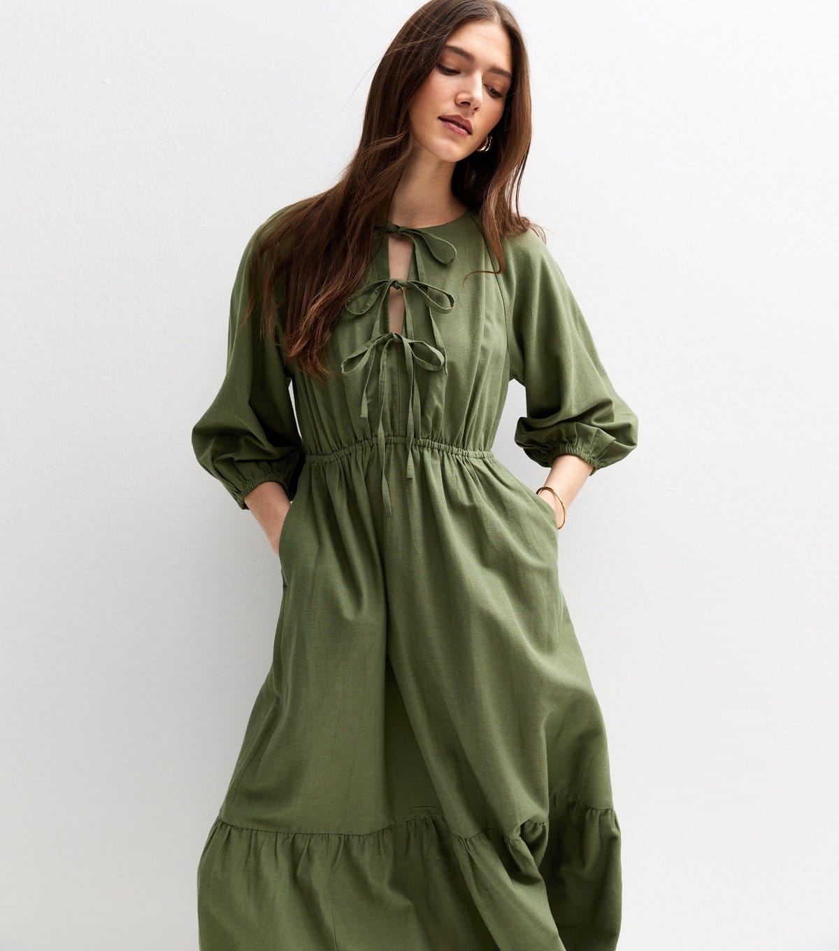 New Look Khaki Bow Front Midi Dress