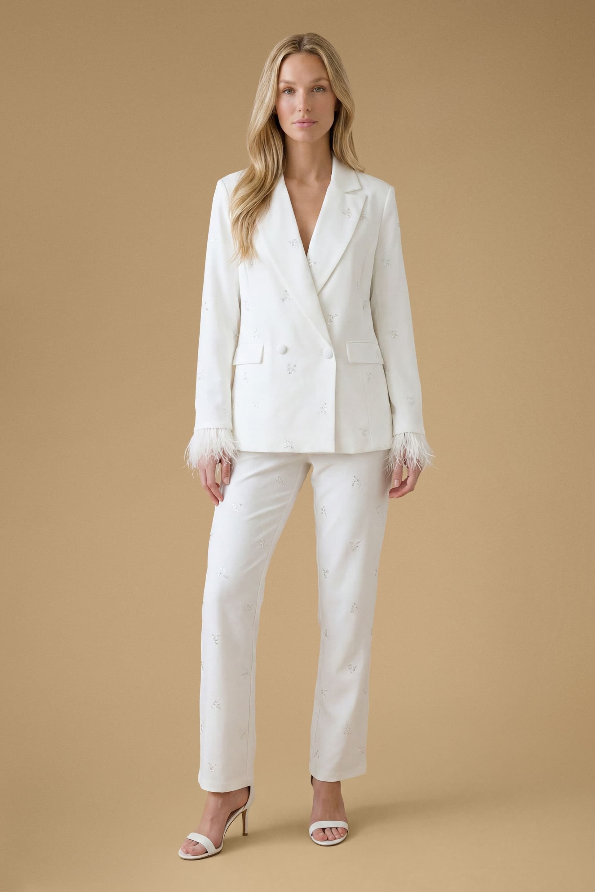 Oasis Oasis Ivory Feather Trim Trousers For Women
