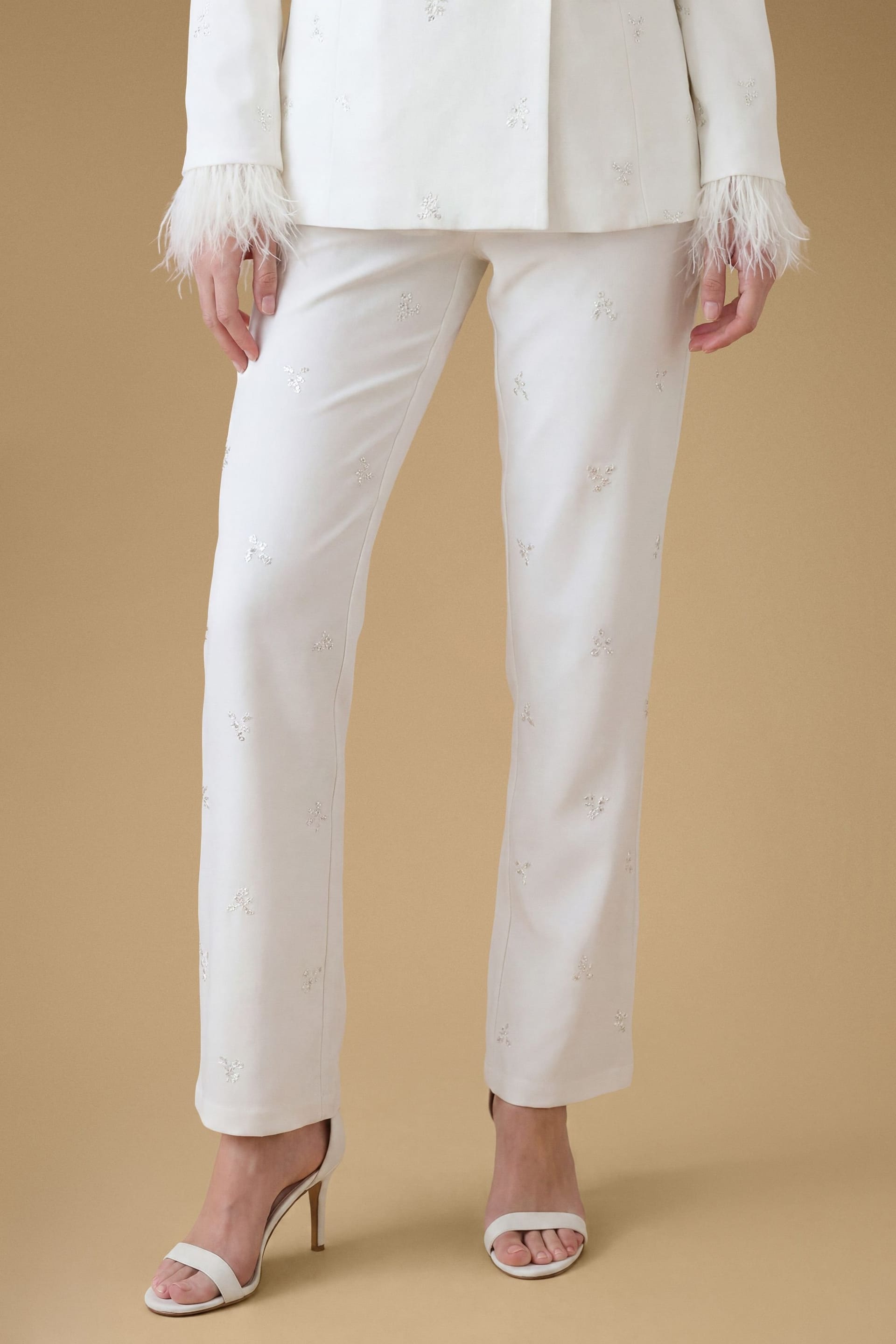 Oasis Oasis Women's Hen Embellished Feather Trim Trouser in Ivory - 4