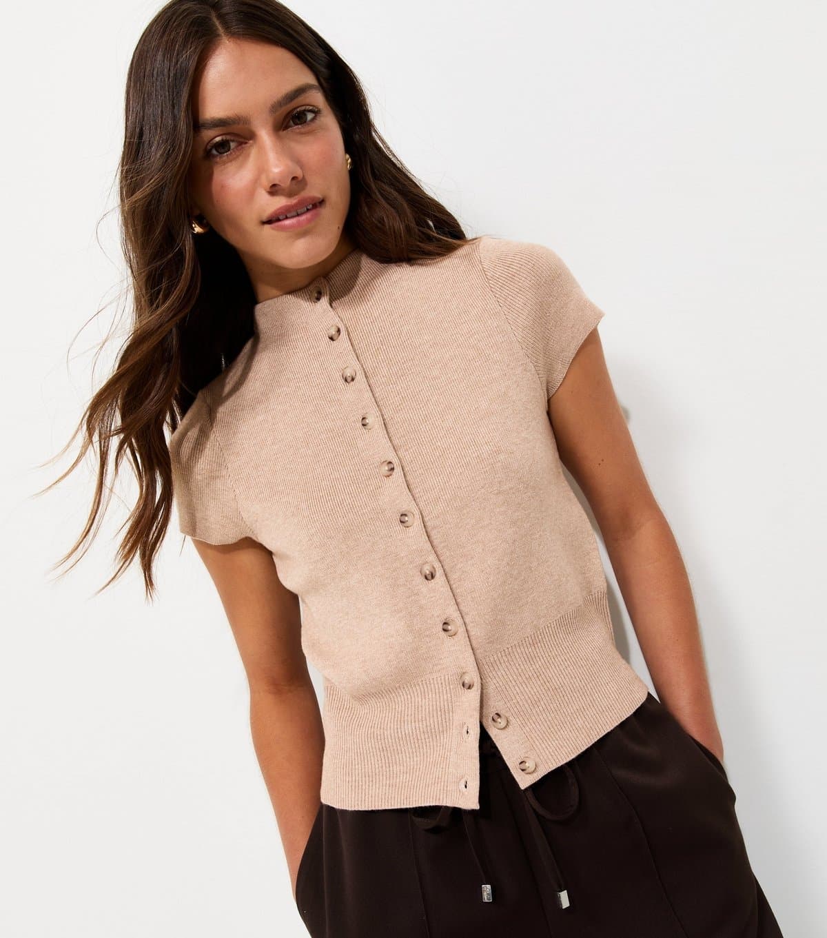 New Look Women's Petite Oatmeal Knitted High Neck Cap Sleeve Cardigan New Look