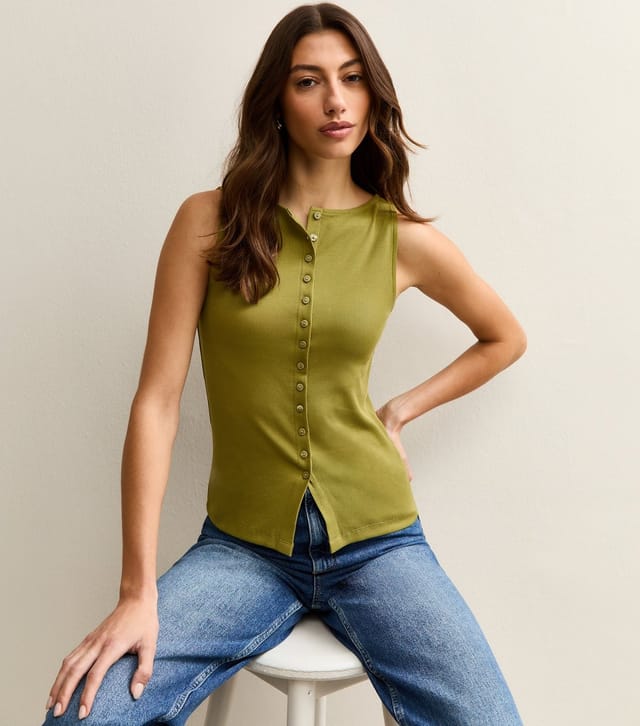 New Look Women's Tall Light Green Button Through Tank Top New Look - 2