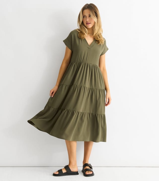 Gini London Women's Khaki Tiered Midi Smock Dress Gini London New Look - 3