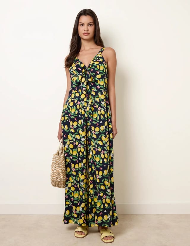 Blue Vanilla Lemon Print Front Tie Jumpsuit - 2