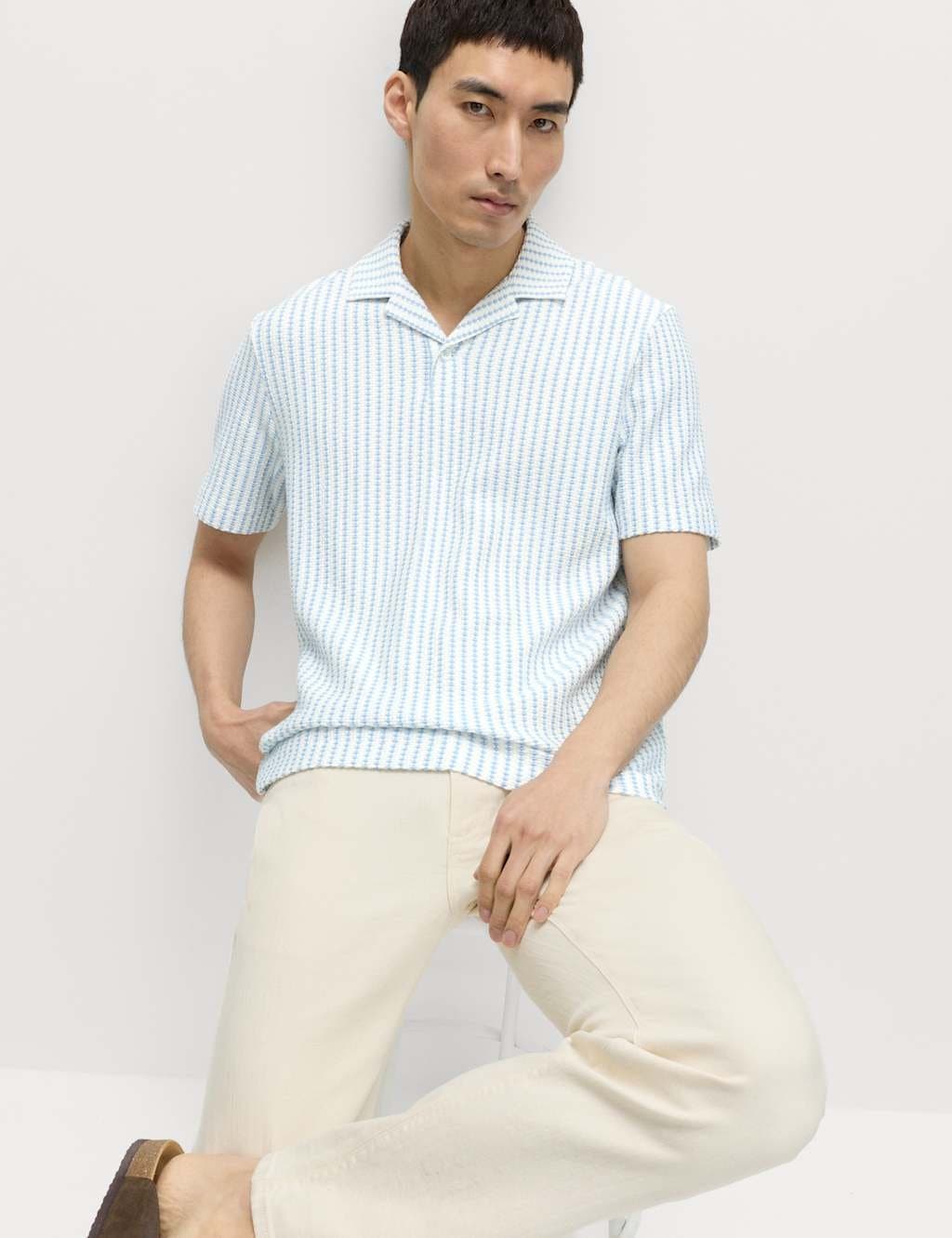 Marks & Spencer M&S Powder Blue Cotton Rich Jersey Geometric Polo Shirt