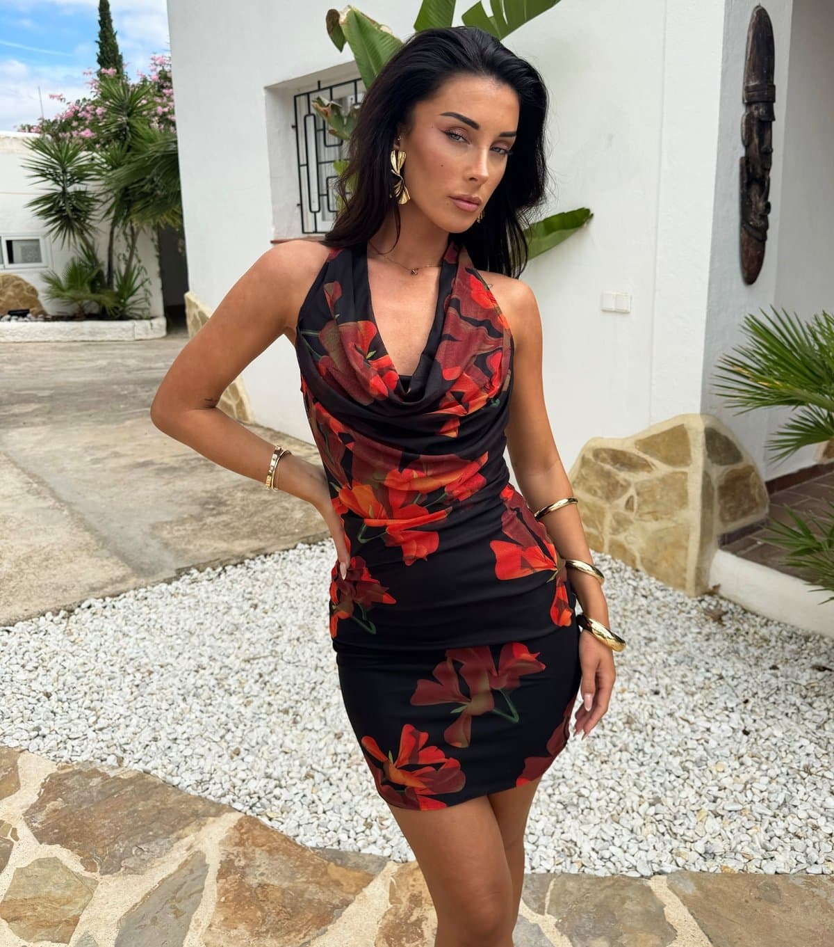 AX Paris Women's Black Floral Print Cowl Neck Mesh Mini Dress AX Paris New Look