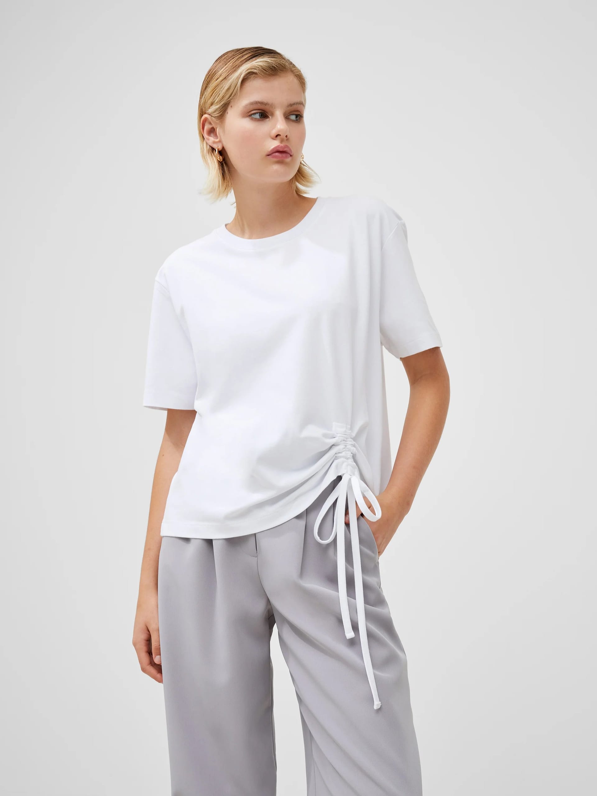 French Connection White Cotton Rouched T-Shirt