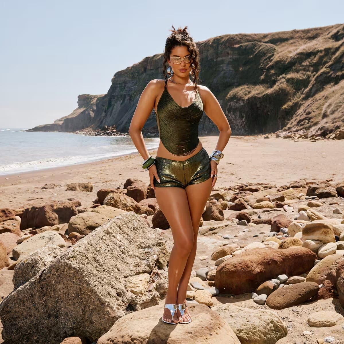 EGO Mini Hotpant Shorts In Khaki Sequin, Women's Size UK 6