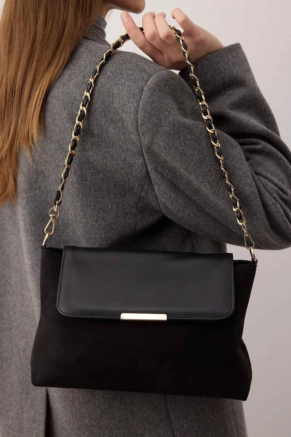 WOVCOR WOVCOR Women's Faux Suede Flap Clutch Bag with Woven Chain Strap in Black - 1