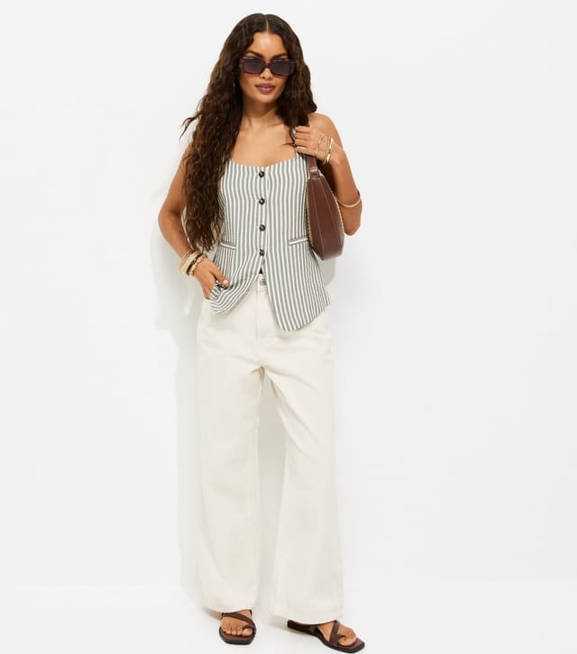 New Look Women's Petite Off White Wash High Waist Adalae Wide Leg Jeans New Look - 3
