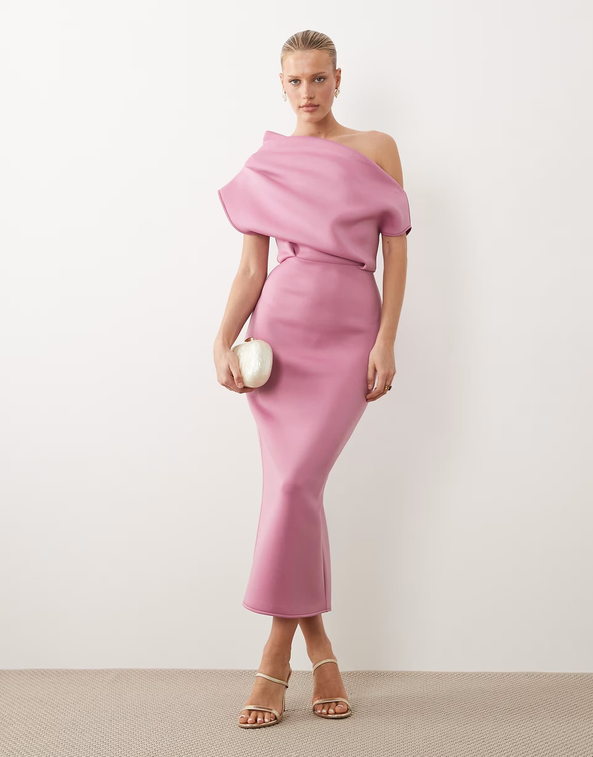 ASOS ASOS DESIGN dramatic neckline midi dress in rose scuba-style fabric