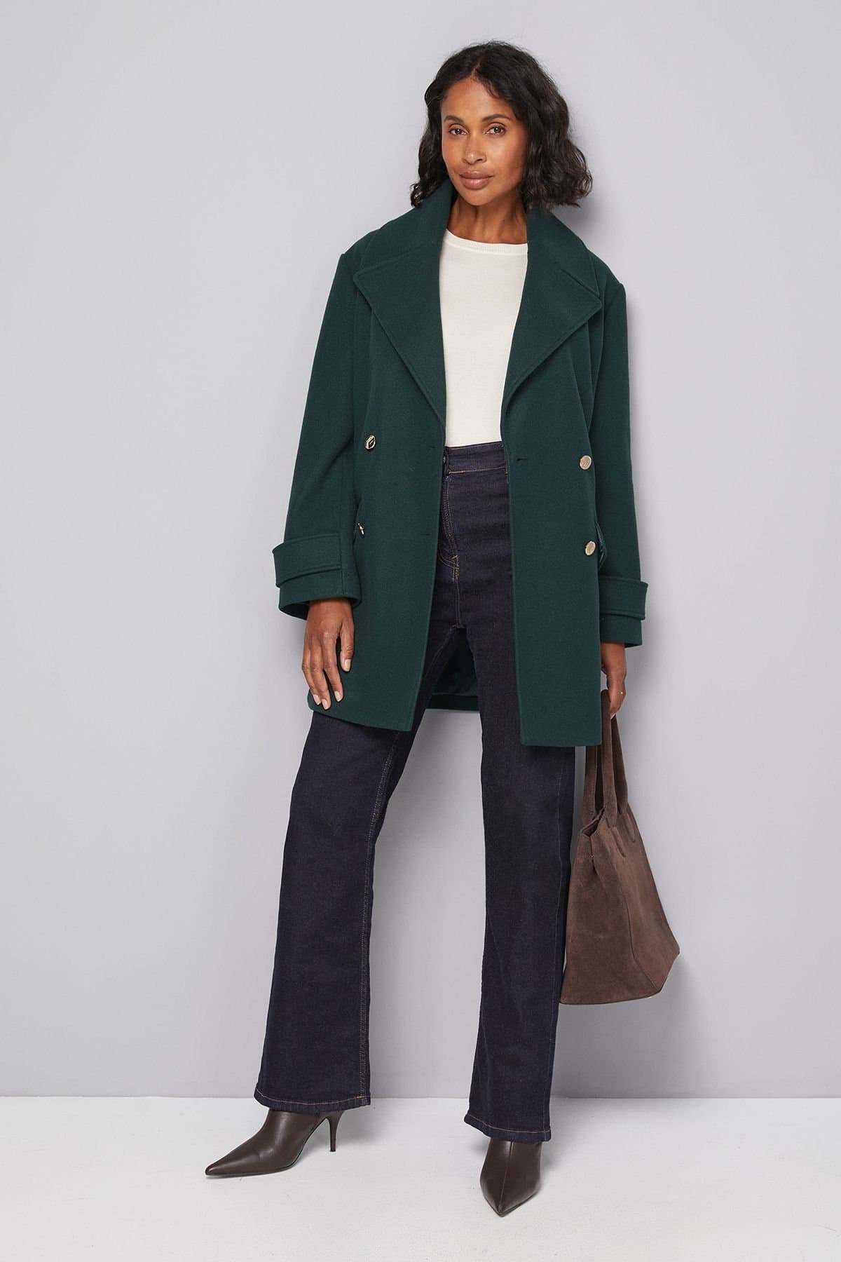 Wallis Wallis Women's Mid Length Double Breasted Coat in Dark Green