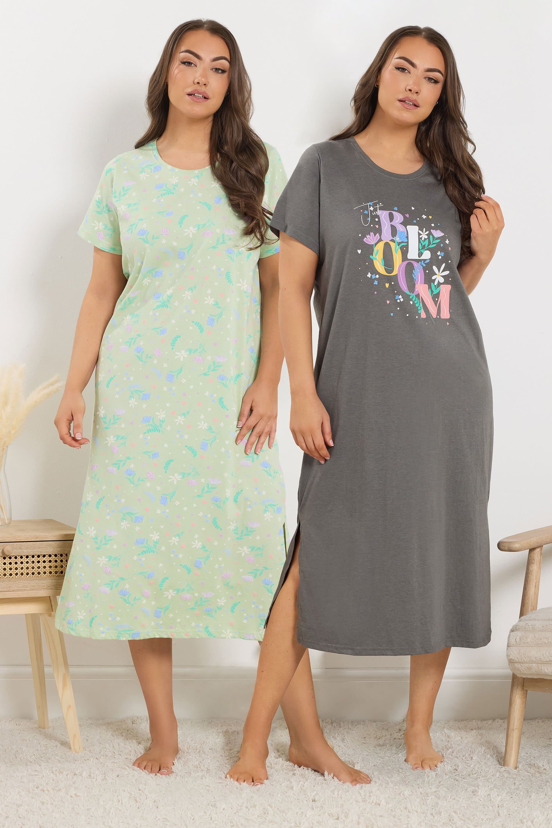 Yours Plus Size 2 Pack Grey 'Bloom' Floral Midaxi Nightdresses