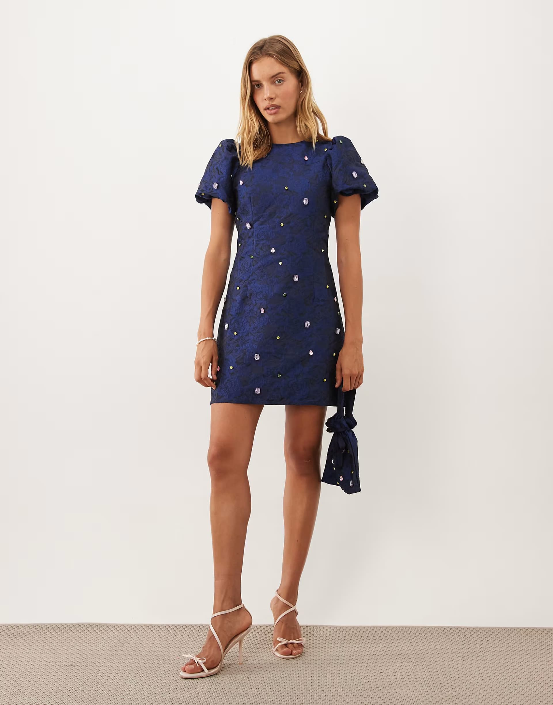 ASOS Dream Sister Jane Cosmo embellished round neck puff sleeve mini dress and bag co-ord in navy
