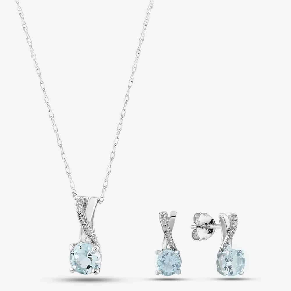 T.H.Baker T.H.Baker Women's 9ct White Gold Aquamarine & Diamond Crossover Pendant Necklace OJP1703-AQ in Silver