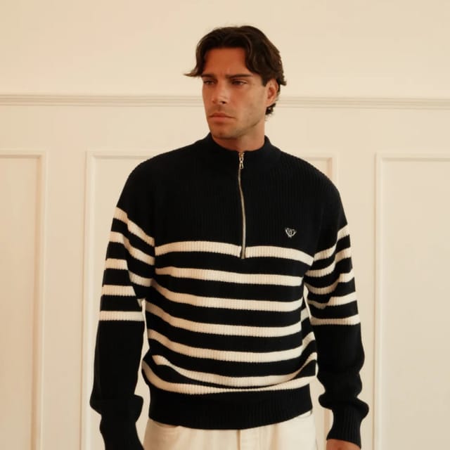 Walker & Hunt Walker & Hunt Men's Striped Huxley Quarter Zip in Navy - 3