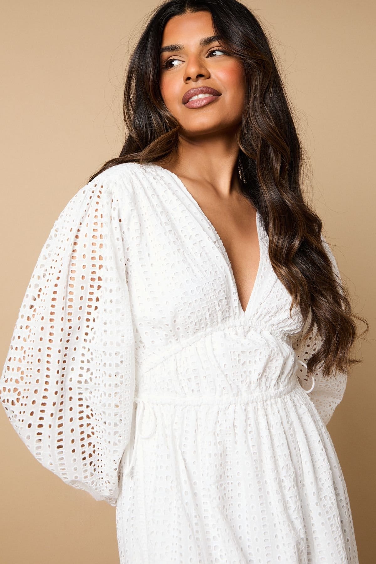 Oasis Oasis Women's Petite Broderie Tie Front Puff Sleeve Midi Dress in White - 4