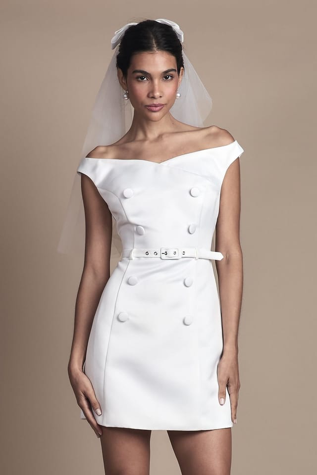 Coast Coast Women's Bardot Fit & Flare Button Detail Mini Wedding Dress in Ivory - 2