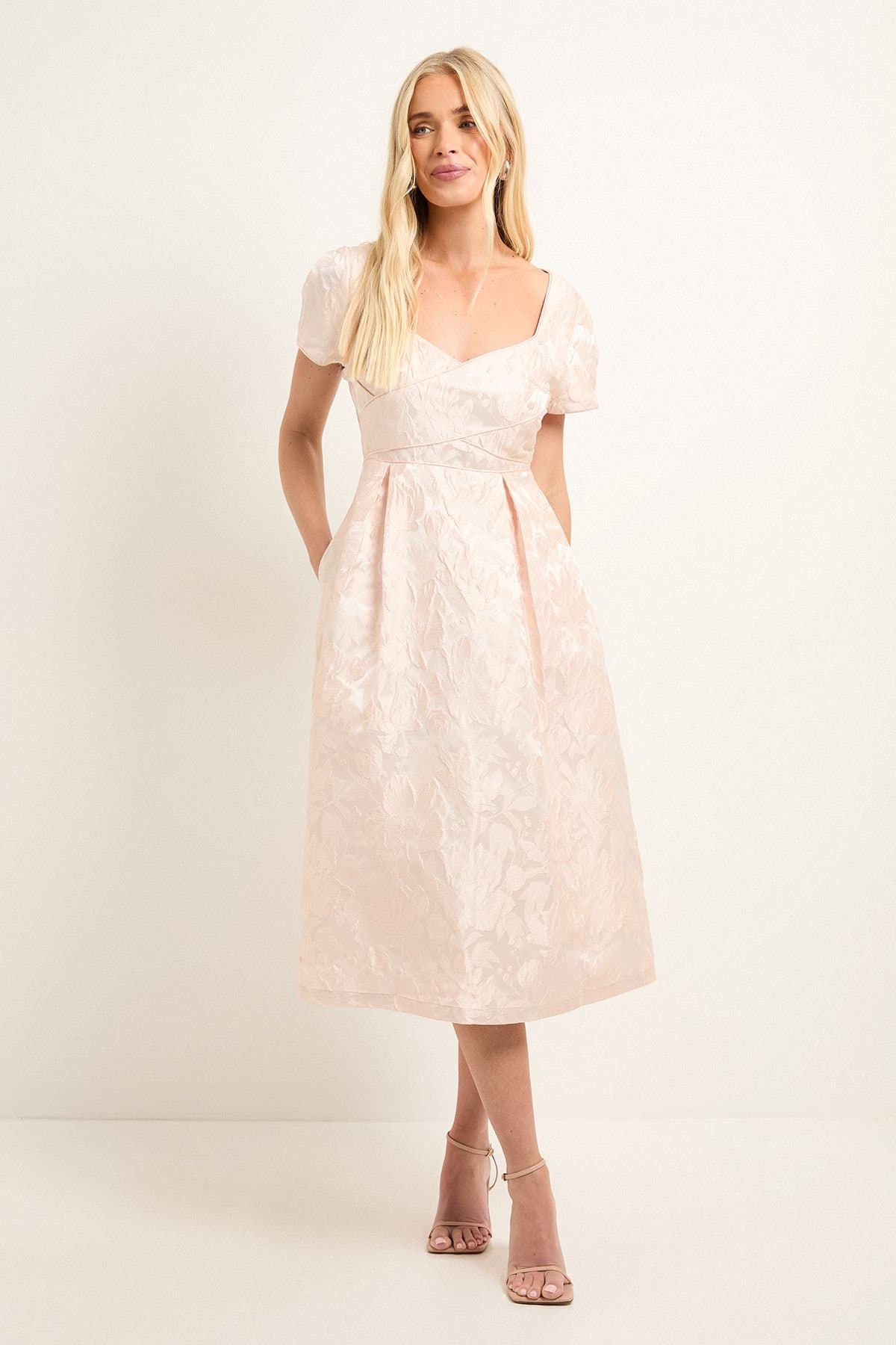 Wallis Wallis Women's Petite Jacquard Seam Detail Midi Dress in Pale Pink