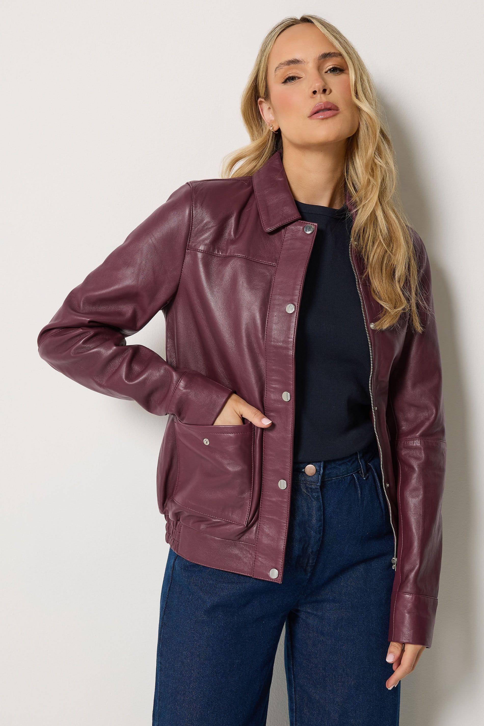 Long Tall Sally Burgundy Leather Biker Jacket for Tall Women