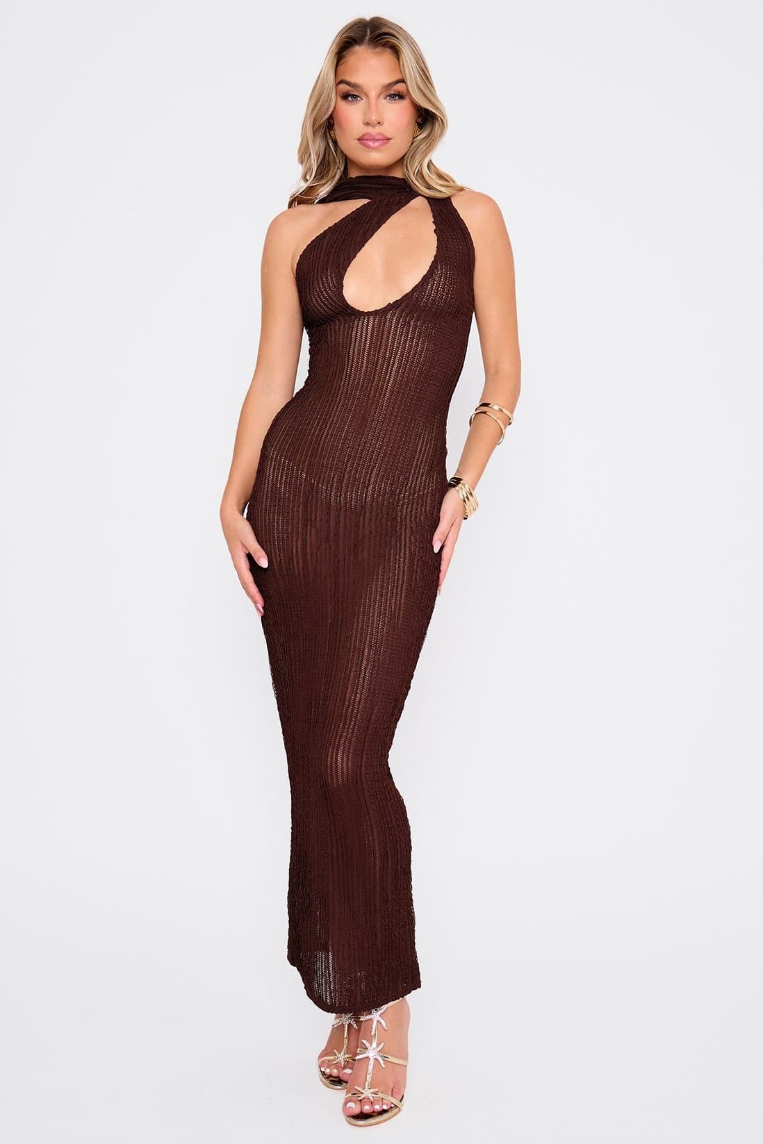 Public Desire Public Desire Women's Textured Scarf Detail Cut Out Maxi Dress Chocolate