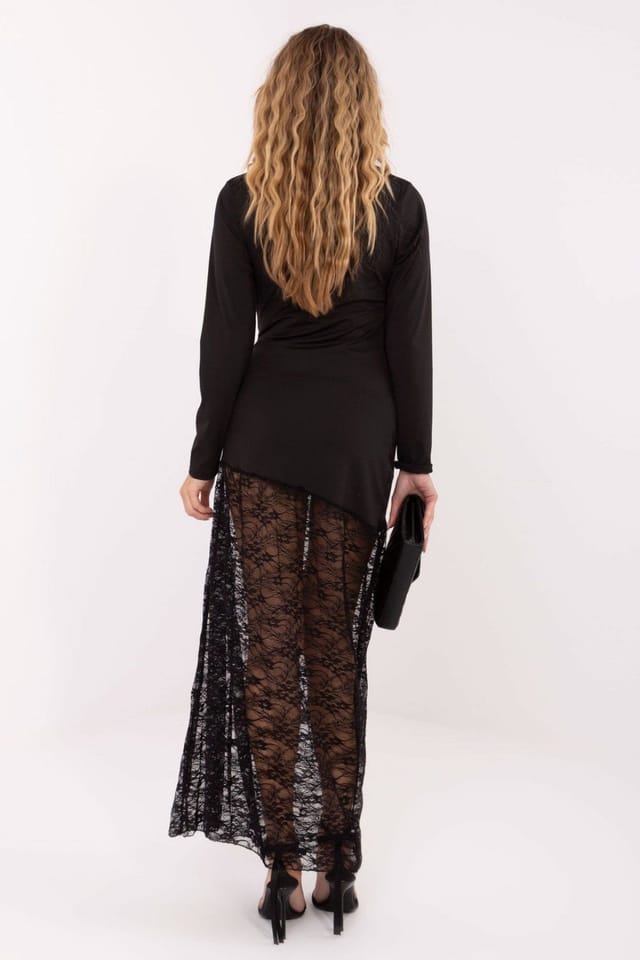 Love Lace Love Lace Women's Elegant Lace Pencil Maxi Dress with Ruching in Black - 3