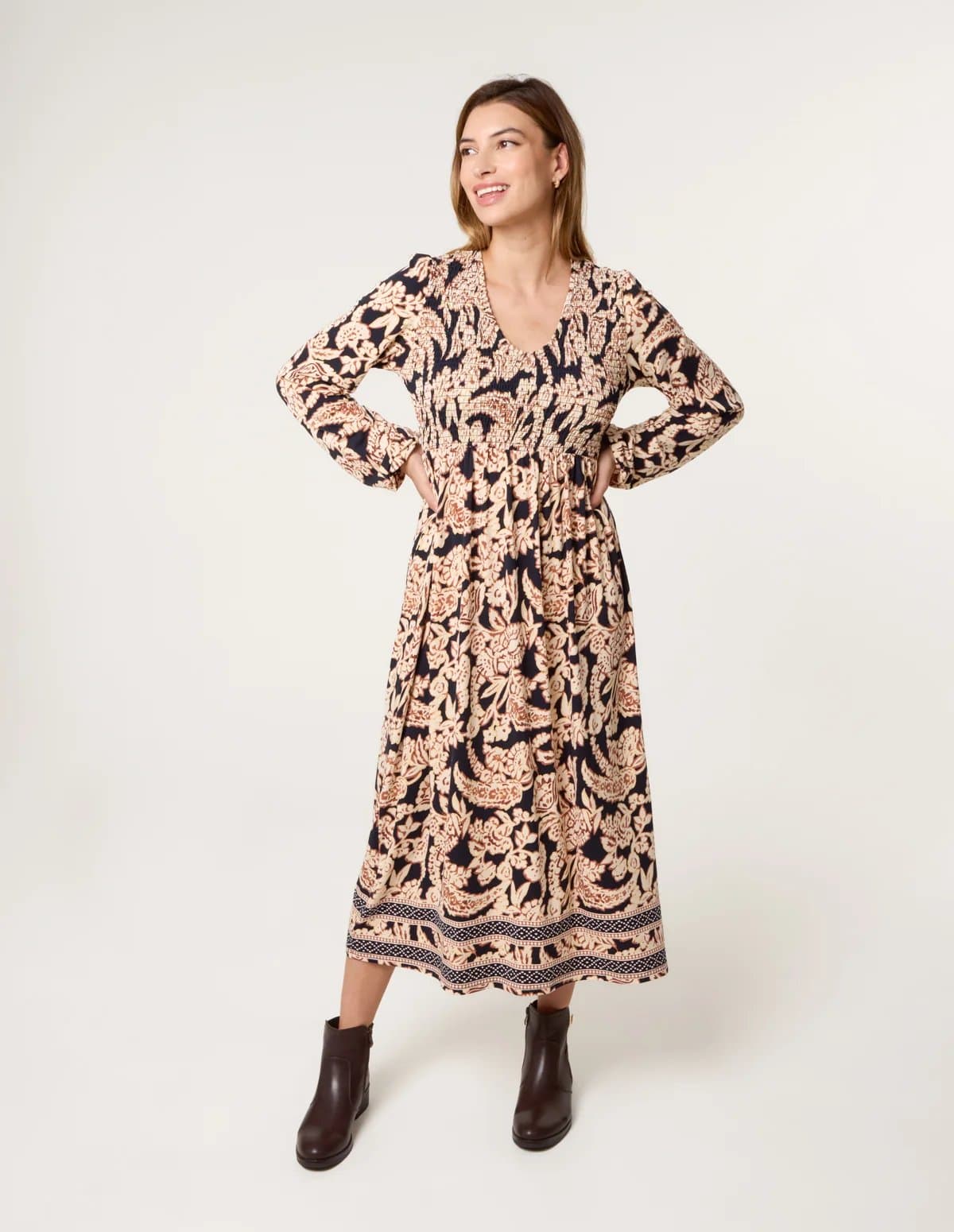 Blue Vanilla V Neck Shirred Border Print Midi Dress