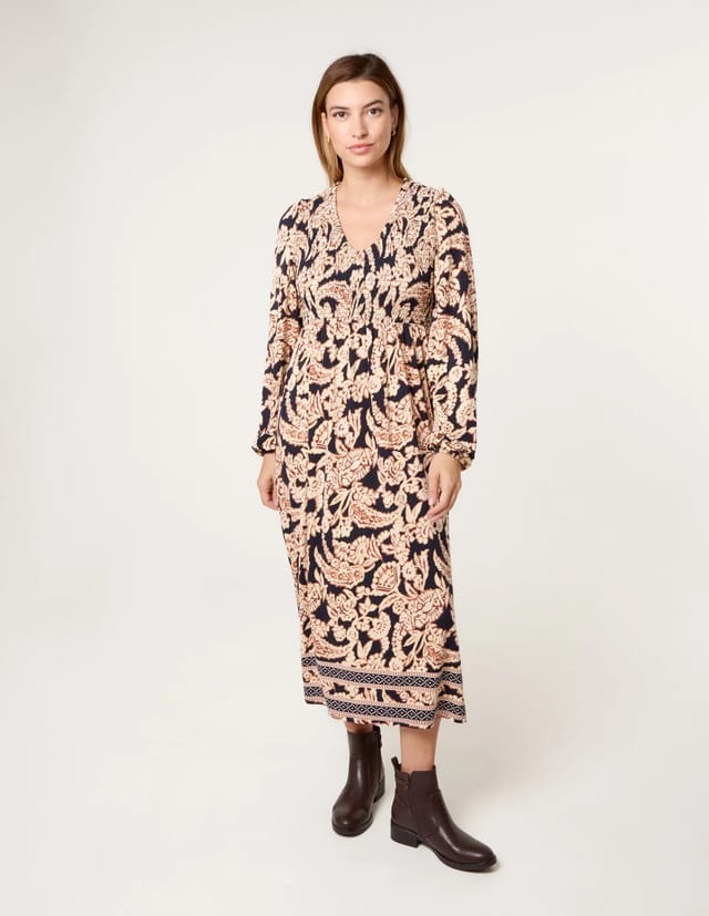 Blue Vanilla V Neck Shirred Border Print Midi Dress - 3