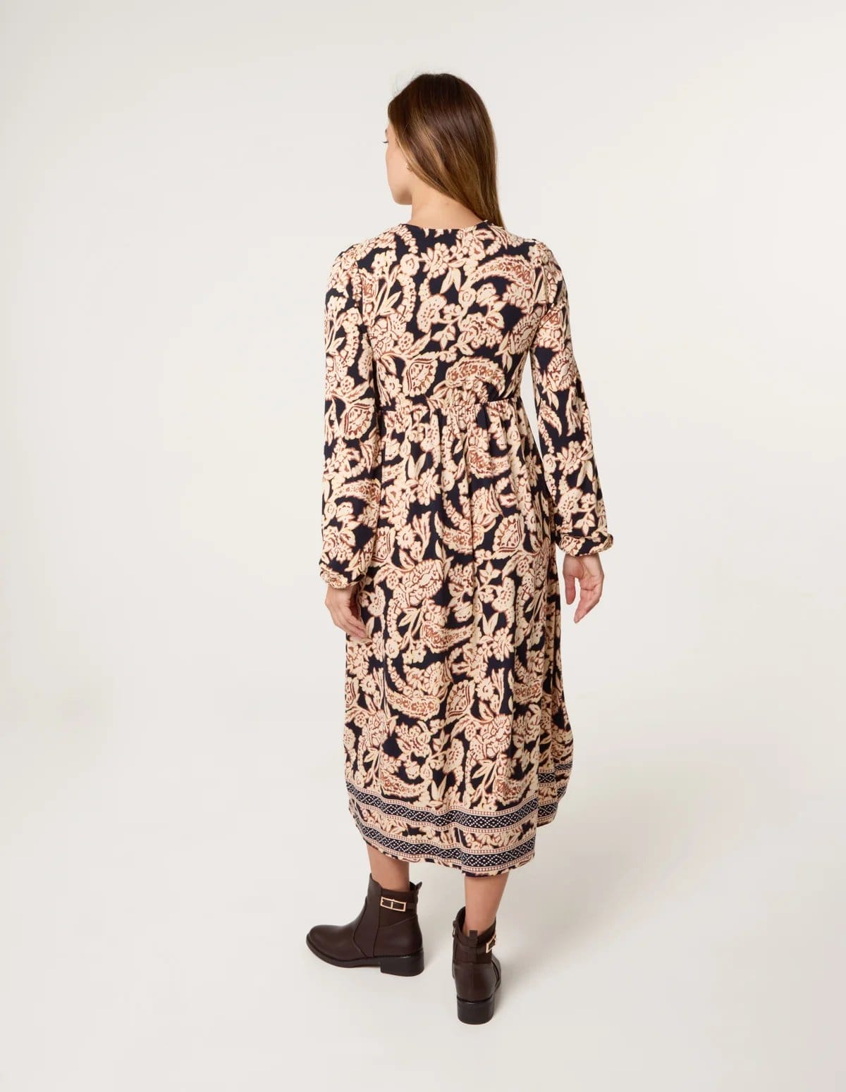 Blue Vanilla V Neck Shirred Border Print Midi Dress - 4