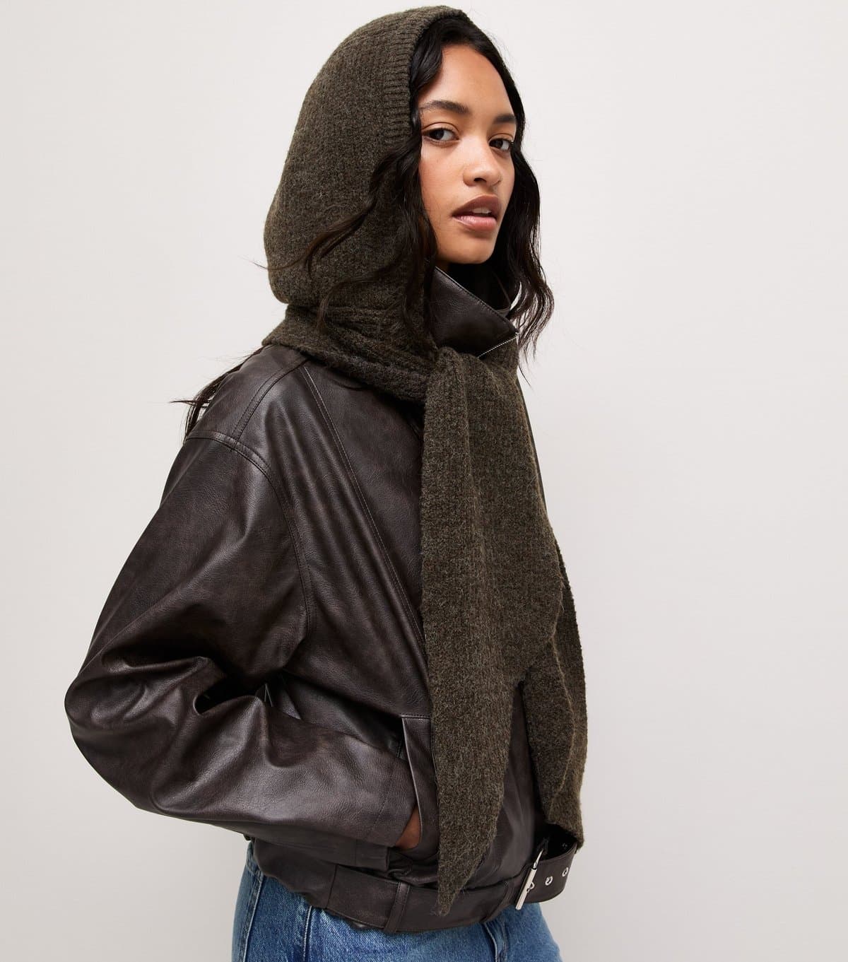 New Look Dark Brown Hooded Ribbed Scarf New Look