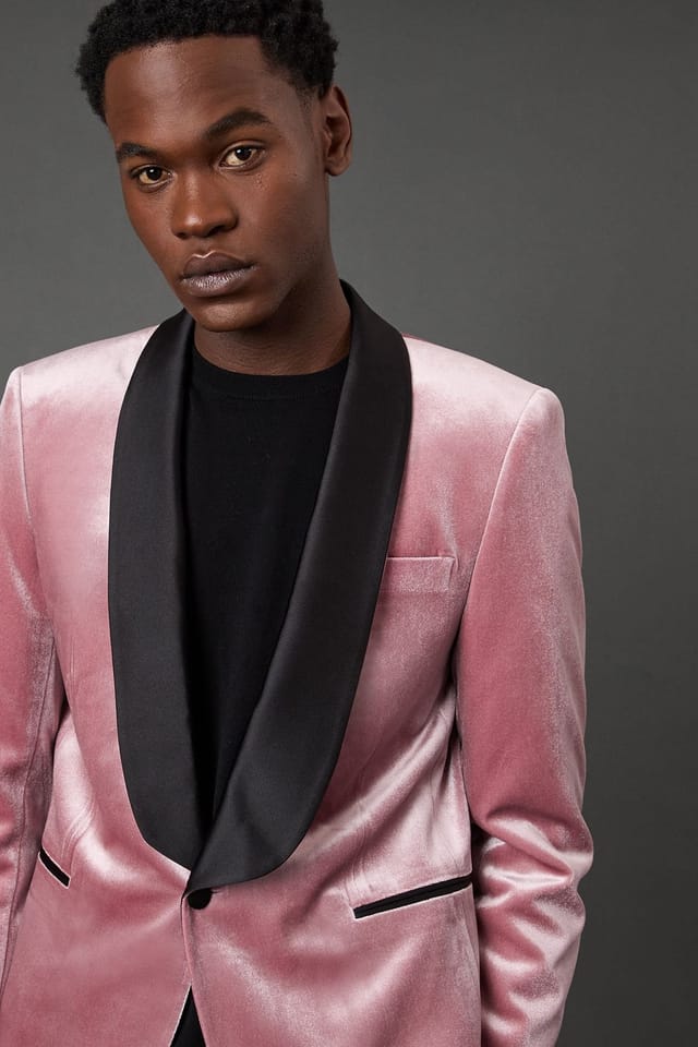 Burton Burton Men's Pink Wide Lapel Velvet Tailored Fit Tuxedo Jacket - 2