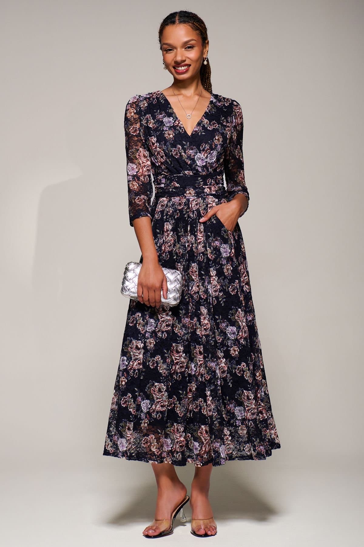 Jolie Moi Jolie Moi Women's Three Quarter Sleeve Printed Lace Maxi Dress in Navy
