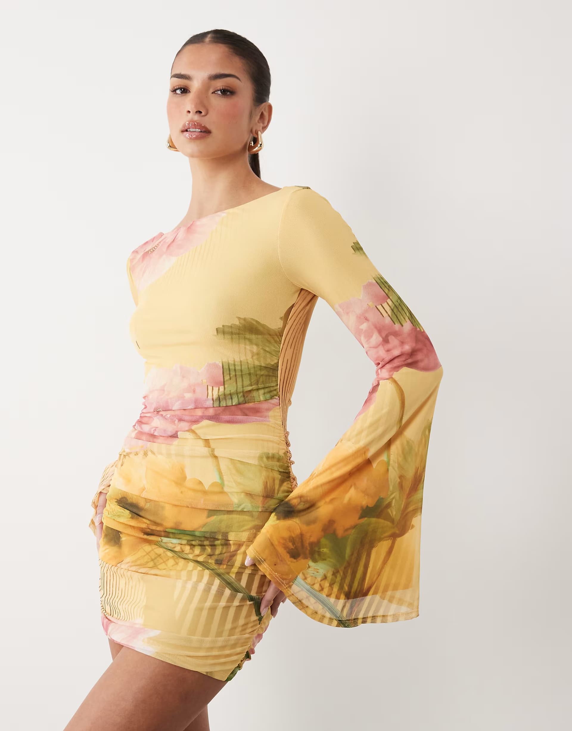 ASOS ASOS DESIGN mesh waterfall sleeve ruched mini dress in yellow floral